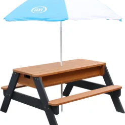 AXI Nick Zand & Water Picknicktafel In Antraciet/Bruin - Parasol Blauw/Wit - Picknick Tafel Voor Kinderen Van Hout -Tuin Vrienden Verkoopwinkel 1031x1200