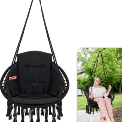 Vita5 Macramé Hangstoel - Voor Binnen En Buiten - Zonder Standaard - Incl. Kussen, Boekenvak En Beschermhoes - Tot 150kg - Zwart