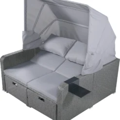 Polyrattan Patio Rieten Meubels Set Voor 2 Personen-Outdoor Rattan Sofa Set Met Intrekbare Luifel-lounge Bank-PE Rotan Loveseat Voor Achtertuin Veranda Tuin Zwembad Balkon-grijs -Tuin Vrienden Verkoopwinkel 1067x1200