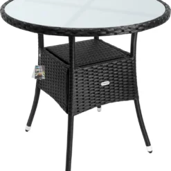 Casaria Polyrattan Bijzettafel 80cm Rond - 5mm Veiligheidsglas – Zwart