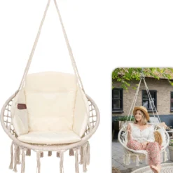 Vita5 Macramé Hangstoel - Voor Binnen En Buiten - Zonder Standaard - Incl. Kussen, Boekenvak En Beschermhoes - Tot 150kg - Beige