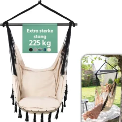 Vita5 XXL Hangstoel | Binnen&Buiten Hangnest | Incl. 2 Kussens En Boekenvak | Volwassenen&Kinderen | Hangmatstoel Tot 225kg | Beige