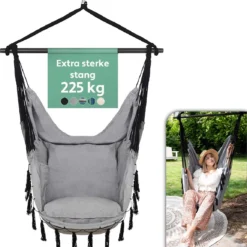 Vita5 XXL Hangstoel | Binnen&Buiten Hangnest | Incl. 2 Kussens En Boekenvak | Volwassenen&Kinderen | Hangmatstoel Tot 225kg | Grijs