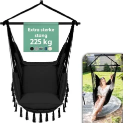 Vita5 XXL Hangstoel - Binnen&Buiten Hangnest - Incl. 2 Kussens En Boekenvak - Volwassenen&Kinderen - Hangmatstoel Tot 225kg - Zwart