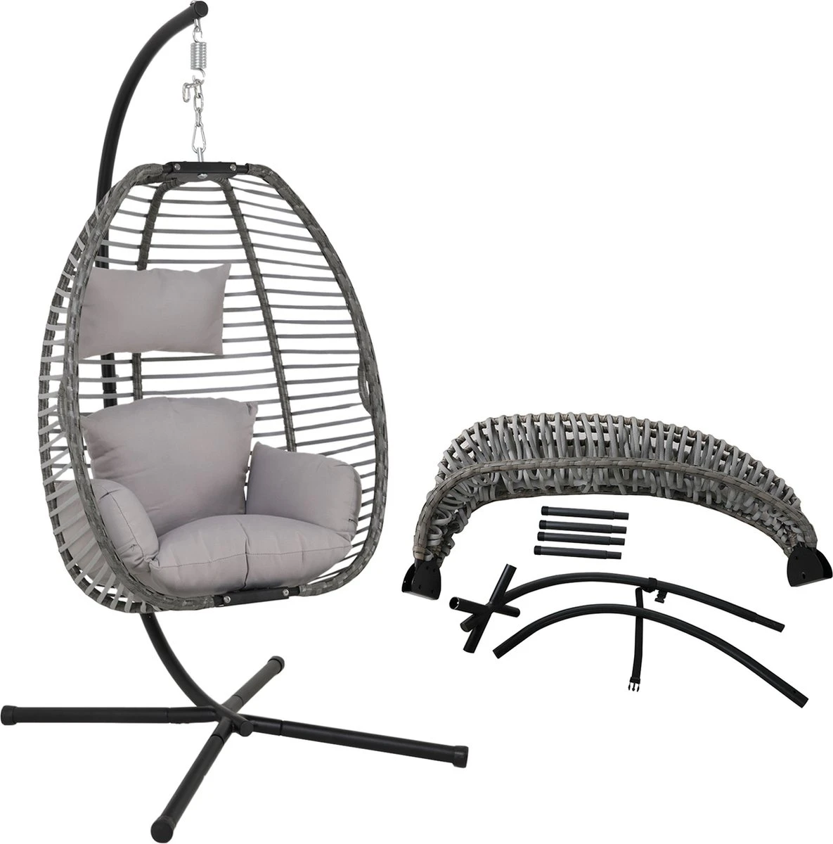 Pro Garden Lowander Hangstoel Egg 191x126x126- Schommelstoel Met Rattan Cocoon En Robuust Stalen Standaard Incl. Kussens - Volledig Inklapbaar - Lichtgrijs 3 Pro Garden Lowander Hangstoel Egg 191x126x126- Schommelstoel Met Rattan Cocoon En Robuust Stalen Standaard Incl. Kussens - Volledig Inklapbaar - Lichtgrijs - Afbeelding 3