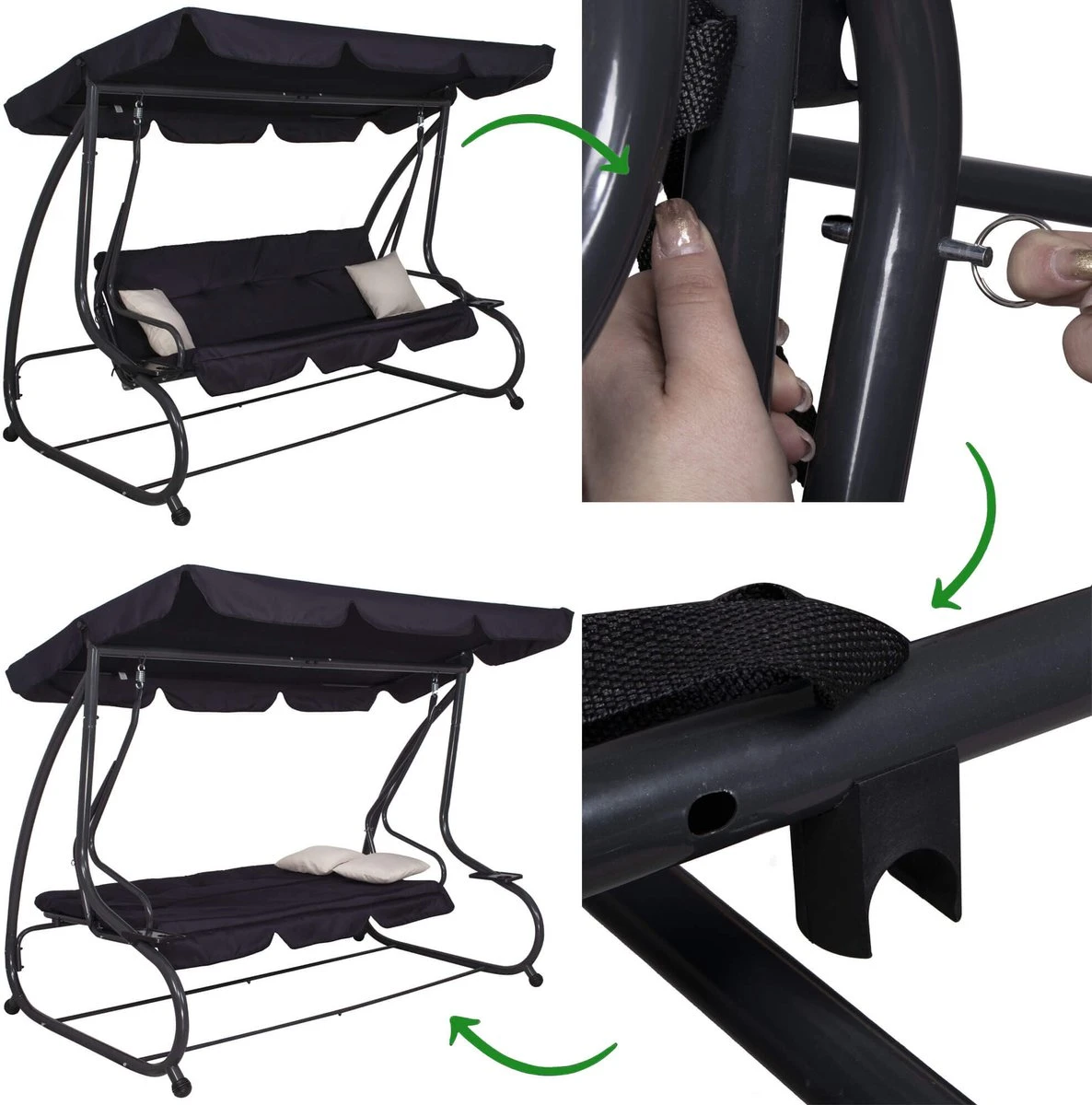Springos Schommelbank | Linda-Schommel | 3-zits | Waterafstotend | Inclusief 2 Kussens | Verstelbare Luifel | 162 X 200 X 120 Cm | Zwart 12 Springos Schommelbank | Linda-Schommel | 3-zits | Waterafstotend | Inclusief 2 Kussens | Verstelbare Luifel | 162 X 200 X 120 Cm | Zwart - Afbeelding 12