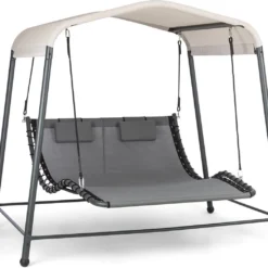 Blumfeldt Palermo Schommelbank - Hollywoodschommel 130 X 207 Cm - Ligbed Met Dak - Schommelstoel Voor 2 Personen - Tuinbank Inclusief Nekkussens - Stalen Frame En Polyester Dak - Grijs