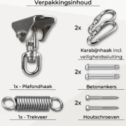 LFSY - Ophangsysteem - Universele Plafondhaak - Hangstoelen Binnen & Buiten - Ophanghaak – Bokszakken - Verandastoel - Zware Veer - RVS – 450kg – M8 -Tuin Vrienden Verkoopwinkel 1200x1131