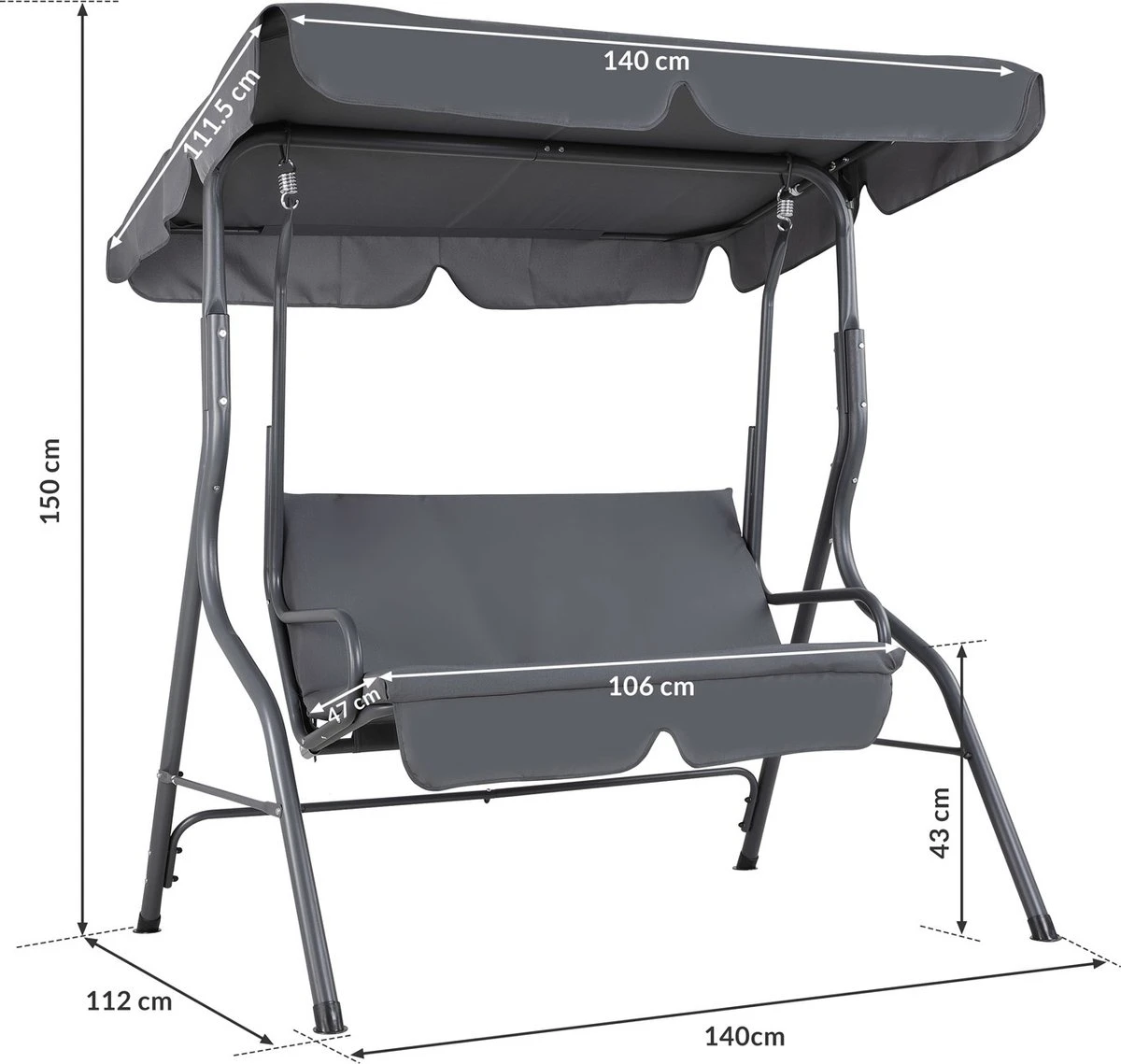 Merkloos Casaria Hollywood Schommel - Antraciet - Incl. Zonnekap 3 Merkloos Casaria Hollywood Schommel - Antraciet - Incl. Zonnekap - Afbeelding 3