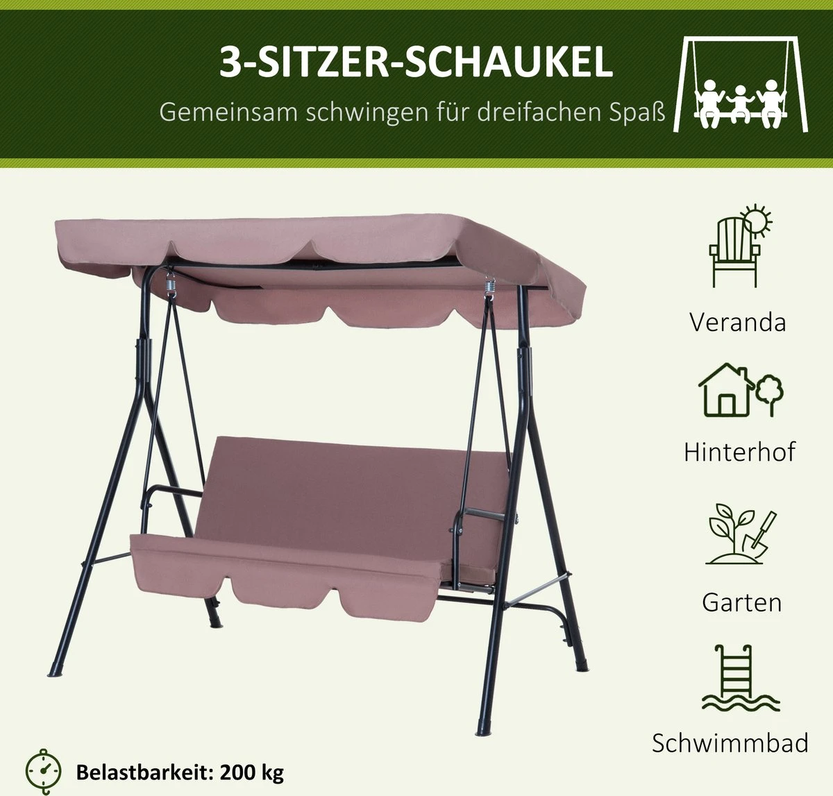 Outsunny Hollywoodschommel 3-zits Tuinschommel Schommelbank Met Dak 3 Kleuren 84A-054 5 Outsunny Hollywoodschommel 3-zits Tuinschommel Schommelbank Met Dak 3 Kleuren 84A-054 - Afbeelding 5