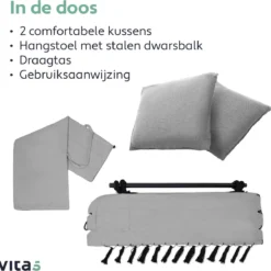 Vita5 XXL Hangstoel | Binnen&Buiten Hangnest | Incl. 2 Kussens En Boekenvak | Volwassenen&Kinderen | Hangmatstoel Tot 225kg | Grijs -Tuin Vrienden Verkoopwinkel 1200x1181