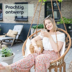Vita5 Macramé Hangstoel - Voor Binnen En Buiten - Zonder Standaard - Incl. Kussen, Boekenvak En Beschermhoes - Tot 150kg - Bruin/Beige -Tuin Vrienden Verkoopwinkel 1200x1200 123