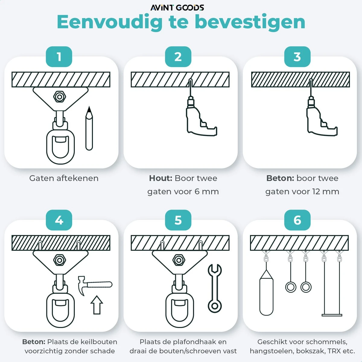AVINT GOODS RVS Ophangsysteem Plafondhaak Bokszak – Schroefhaak & Ophanghaak Hangstoel – Muurhaak Binnen & Buiten - 550KG 8 AVINT GOODS RVS Ophangsysteem Plafondhaak Bokszak – Schroefhaak & Ophanghaak Hangstoel – Muurhaak Binnen & Buiten - 550KG - Afbeelding 8