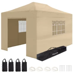 LifeGoods Partytent - 3x4.5 M - Zijwanden - Easy Up - Opvouwbaar - Waterdicht - Draagtas Met Wieltjes - Beige
