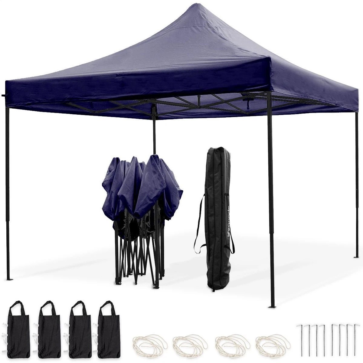 LifeGoods Partytent - 3x3 M - Easy Up - Opvouwbaar - Waterdicht - Draagtas Met Wieltjes - Donkerblauw 1 LifeGoods Partytent - 3x3 M - Easy Up - Opvouwbaar - Waterdicht - Draagtas Met Wieltjes - Donkerblauw