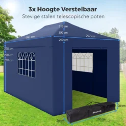 LifeGoods Partytent - 3x4.5 M - Zijwanden - Easy Up - Opvouwbaar - Waterdicht - Draagtas Met Wieltjes - Donkerblauw -Tuin Vrienden Verkoopwinkel 1200x1200 662