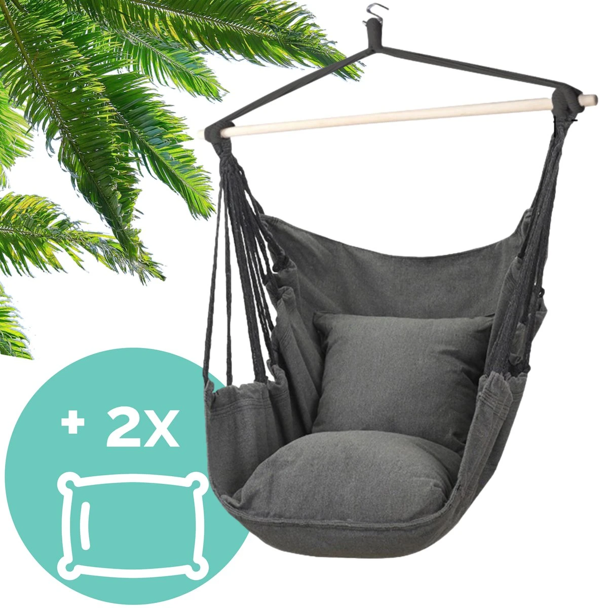 Hangmat Stoel - Hangstoel Voor Binnen Of Buiten - Incl. 2 Kussens - Zwart/Grijs Antraciet 1 Hangmat Stoel - Hangstoel Voor Binnen Of Buiten - Incl. 2 Kussens - Zwart/Grijs Antraciet