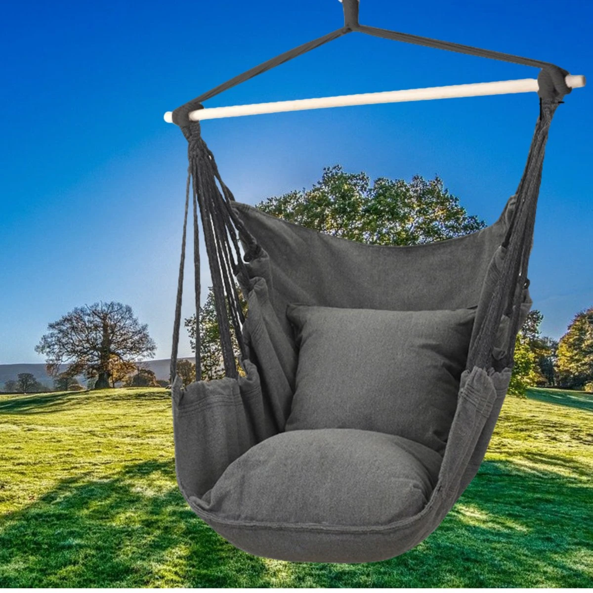 Hangmat Stoel - Hangstoel Voor Binnen Of Buiten - Incl. 2 Kussens - Zwart/Grijs Antraciet 5 Hangmat Stoel - Hangstoel Voor Binnen Of Buiten - Incl. 2 Kussens - Zwart/Grijs Antraciet - Afbeelding 5