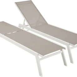 ELSA - Set Van 2 Ligstoelen Van Aluminium En Textileen, Ligbed Multipositioneel Met Wieltjes, Kleur Wit/taupe -Tuin Vrienden Verkoopwinkel 1200x848