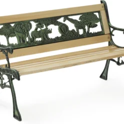 LIFA GARDEN Tuinbank Voor 2 Kinderen | Kinderbank Van Onbewerkt Hout En Ijzer | Nostalgische Tuinbank Met Jungle Afbeelding In De Rugleuning | Tuinbank Om Te Beitsen | 82 X 39 X 50 Cm