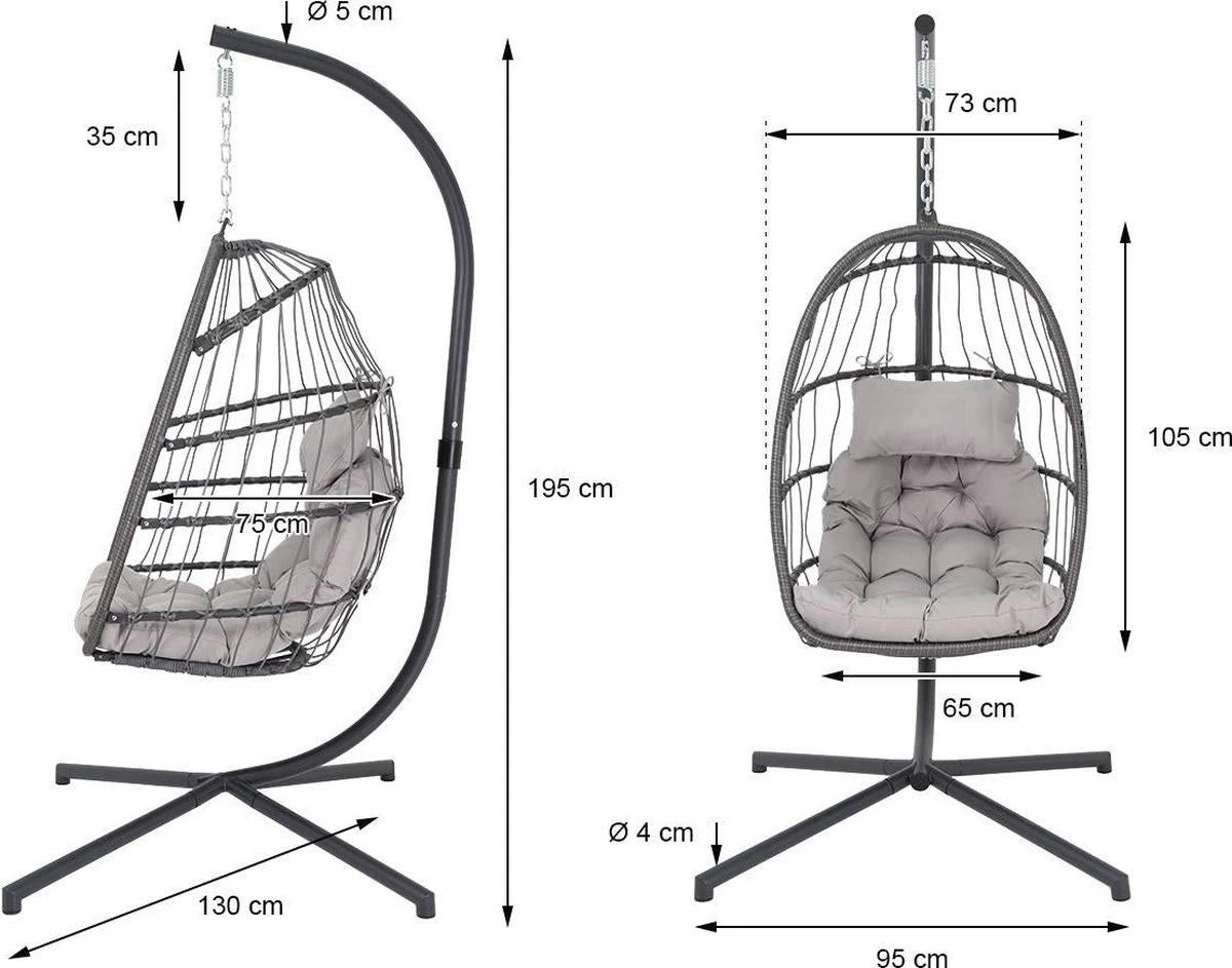 Pro Garden Lowander Hangstoel Egg 191x126x126- Schommelstoel Met Rattan Cocoon En Robuust Stalen Standaard Incl. Kussens - Volledig Inklapbaar - Lichtgrijs 13 Pro Garden Lowander Hangstoel Egg 191x126x126- Schommelstoel Met Rattan Cocoon En Robuust Stalen Standaard Incl. Kussens - Volledig Inklapbaar - Lichtgrijs - Afbeelding 13