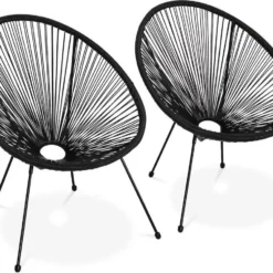 Set Van 2 Design Stoelen Ei-vormig - Acapulco Zwart - Stoelen 4 Poten Retro Design, Plastic Koorden, Binnen/buiten