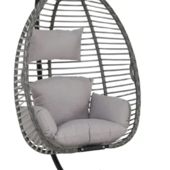 Pro Garden Lowander Hangstoel Egg 191x126x126- Schommelstoel Met Rattan Cocoon En Robuust Stalen Standaard Incl. Kussens - Volledig Inklapbaar - Lichtgrijs