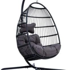 Merkloos Hangstoel Norway - Zwart Wicker & Touw Luxe Egg Hangstoel Met Dikke Antraciete Kussens Met Frame - Inklapbare Basket