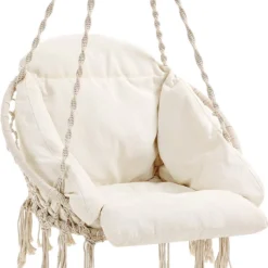 Hangstoel, Hangschommel, Hangstoel Met Een Dik Kussen, Tot 120 Kg Belastbaar, Voor Tuin, Balkon, Woonkamer, Terras, Scandinavische Stijl, Modern, Beige HMDC042M01